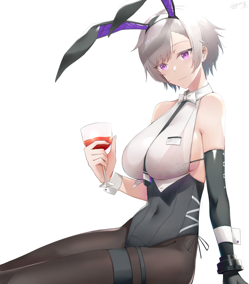 1girl absurdres ahoge animal_ears azur_lane backless_leotard between_breasts black_bra black_legwear black_leotard black_neckwear bra breasts covered_navel elbow_gloves fake_animal_ears gloves highres large_breasts larger_bmx leotard leotard_under_clothes looking_at_viewer necktie necktie_between_breasts official_alternate_costume pantyhose playboy_bunny purple_eyes rabbit_ears reno_(azur_lane) reno_(reno_bunnino)_(azur_lane) see-through_shirt shirt short_hair side-tie_leotard simple_background single_elbow_glove sitting sleeveless sleeveless_shirt solo thigh_strap twintails underwear white_background white_shirt wrist_cuffs