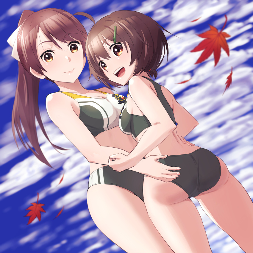 2girls absurdres ass bikini blush brave_witches breasts brown_eyes brown_hair closed_mouth hair_ribbon hasegawa_(hase_popopo) highres hug karibuchi_hikari karibuchi_takami leaf long_hair looking_at_viewer looking_back multiple_girls navel open_mouth ponytail ribbon shiny shiny_hair short_hair siblings sisters sky small_breasts smile swimsuit world_witches_series