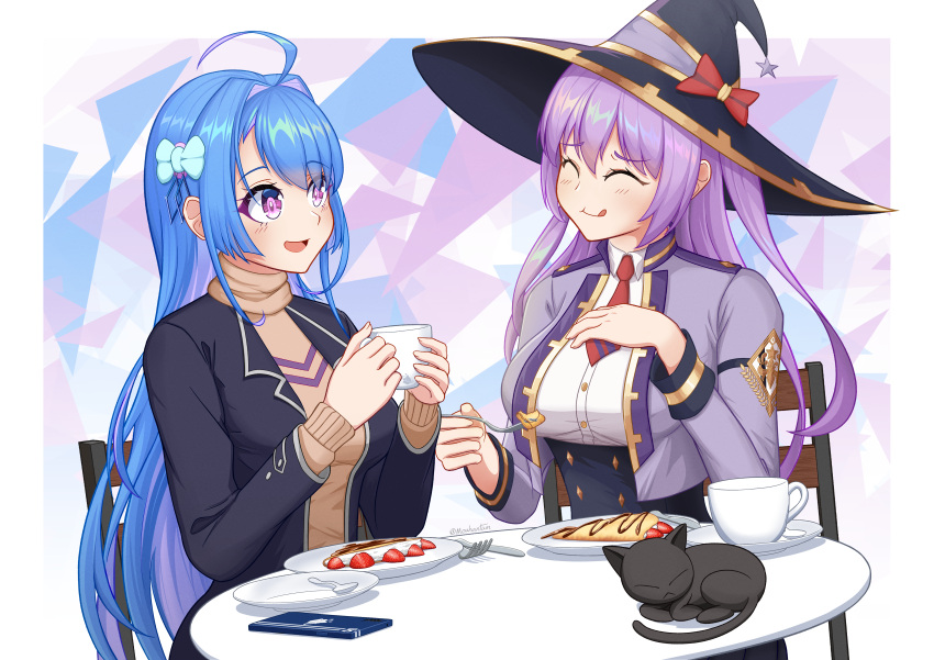 2girls :q absurdres ahoge azur_lane black_cat black_jacket blue_hair breasts brown_sweater casual cat chair closed_eyes cropped_jacket cup food hat helena_(azur_lane) highres holding holding_cup jacket king's_raid large_breasts light_purple_hair long_hair medium_breasts mouhantain multiple_girls necktie ophelia_(king's_raid) purple_hair red_necktie round_table shirt short_necktie sitting sweater tongue tongue_out underbust white_shirt witch_hat