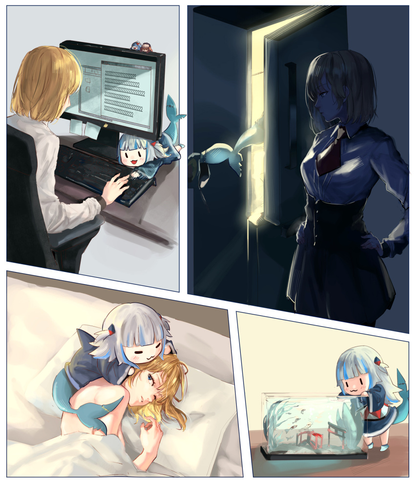 2girls aquarium bangs bed bed_sheet blonde_hair blue_eyes blue_hair chibi computer fish fish_tail fish_tank gawr_gura hair_ornament highres hololive hololive_english keyboard_(computer) long_sleeves monitor monocle_hair_ornament multicolored_hair multiple_girls necktie open_mouth pillow refrigerator saysay44444 shark_tail sharp_teeth shirt short_hair silver_hair sitting skirt streaked_hair tail teeth virtual_youtuber waking_up watson_amelia white_shirt