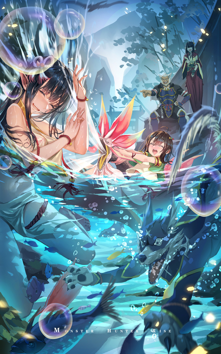 1boy 3girls absurdres beard black_hair bracelet bubble canyne facial_hair fangs fewer_digits fish fugen_(monster_hunter_rise) h1y3l14 highres hinoa jewelry minoto mizutsune monster_hunter_(series) monster_hunter_rise multiple_girls partially_submerged partially_underwater_shot scar siblings smile water yomogi_(monster_hunter)