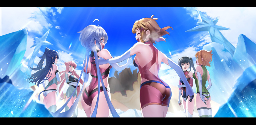 6+girls :d absurdres adjusting_clothes adjusting_leotard akatsuki_kirika bike_shorts black_hair blonde_hair blue_hair blue_sky breasts brown_eyes brown_hair cleavage closed_eyes cowboy_shot crossed_arms elbow_gloves floating_hair from_behind gloves green_leotard highres kazanari_tsubasa leotard long_hair low_twintails maria_cadenzavna_eve medium_breasts medium_hair multiple_girls nyanmaru open_mouth pink_hair pink_leotard senki_zesshou_symphogear short_hair short_shorts shorts side_ponytail silver_hair sky small_breasts smile strapless strapless_leotard tachibana_hibiki_(symphogear) thighhighs tsukuyomi_shirabe twintails very_long_hair white_gloves white_legwear yukine_chris