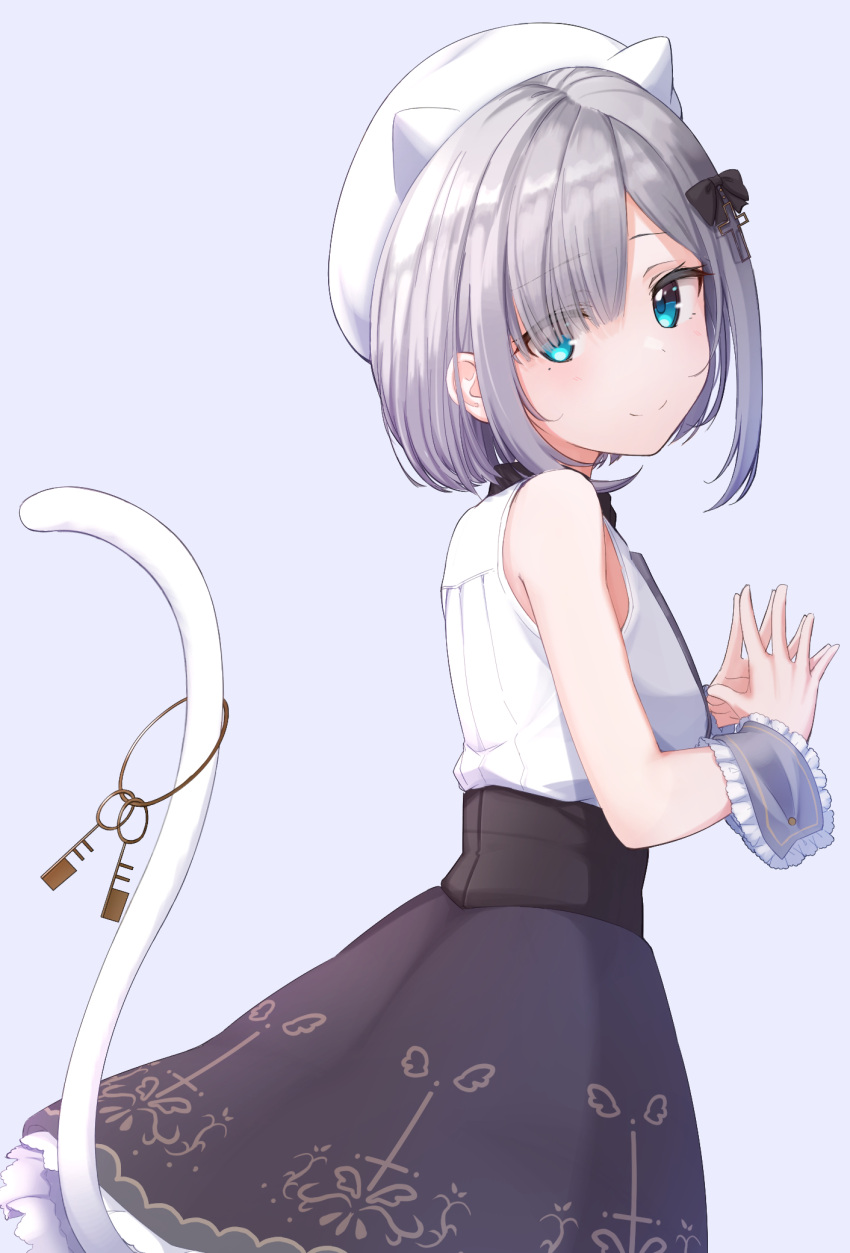 1girl animal_ears animal_hat bangs bare_shoulders basa_rutan beret black_skirt blue_eyes cat_hat cat_tail closed_mouth commentary_request eyebrows_visible_through_hair fake_animal_ears frills grey_hair hair_over_one_eye hat highres kaga_sumire key looking_at_viewer looking_to_the_side lupinus_virtual_games purple_background shirt short_hair simple_background skirt sleeveless sleeveless_shirt smile solo steepled_fingers tail tail_raised virtual_youtuber vspo! white_headwear white_shirt wrist_cuffs