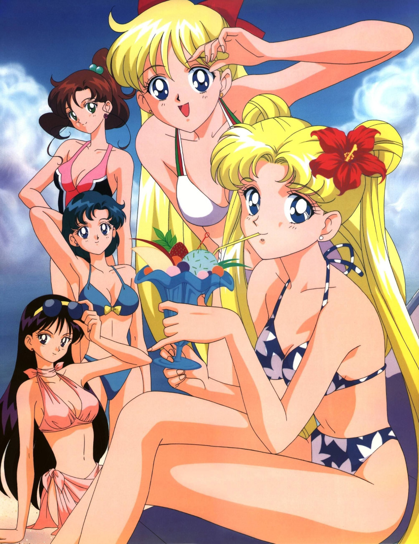 1990s_(style) 5girls absurdres adjusting_eyewear aino_minako bad_link bangs beach bikini bikini_top bishoujo_senshi_sailor_moon black_hair blonde_hair blue_bikini blue_eyes blue_hair bow breasts brown_hair cleavage cloud crossed_legs day double_bun drink earrings everyone eyebrows_visible_through_hair eyewear_on_head floral_print flower green_eyes hair_bobbles hair_bow hair_flower hair_ornament halter_top halterneck hibiscus high_ponytail highres hino_rei jewelry kino_makoto long_hair medium_breasts mizuno_ami multiple_girls official_art one-piece_swimsuit open_mouth outdoors pink_bikini pink_sarong ponytail purple_eyes red_bow retro_artstyle sarong scan short_hair side-tie_bikini sitting sky smile sunglasses swimsuit tadano_kazuko tsukino_usagi twintails white_bikini