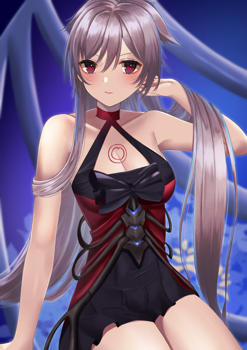 1girl 3: absurdres adjusting_hair azur_lane bangs black_dress breasts choker cleavage collarbone commentary_request dress eyebrows_visible_through_hair eyes_visible_through_hair hair_between_eyes hair_flaps highres konparu_uran long_hair looking_at_viewer montpelier_(azur_lane) montpelier_(persephone's_throne)_(azur_lane) official_alternate_costume red_hair sidelocks silver_hair sitting solo tattoo v-shaped_eyebrows
