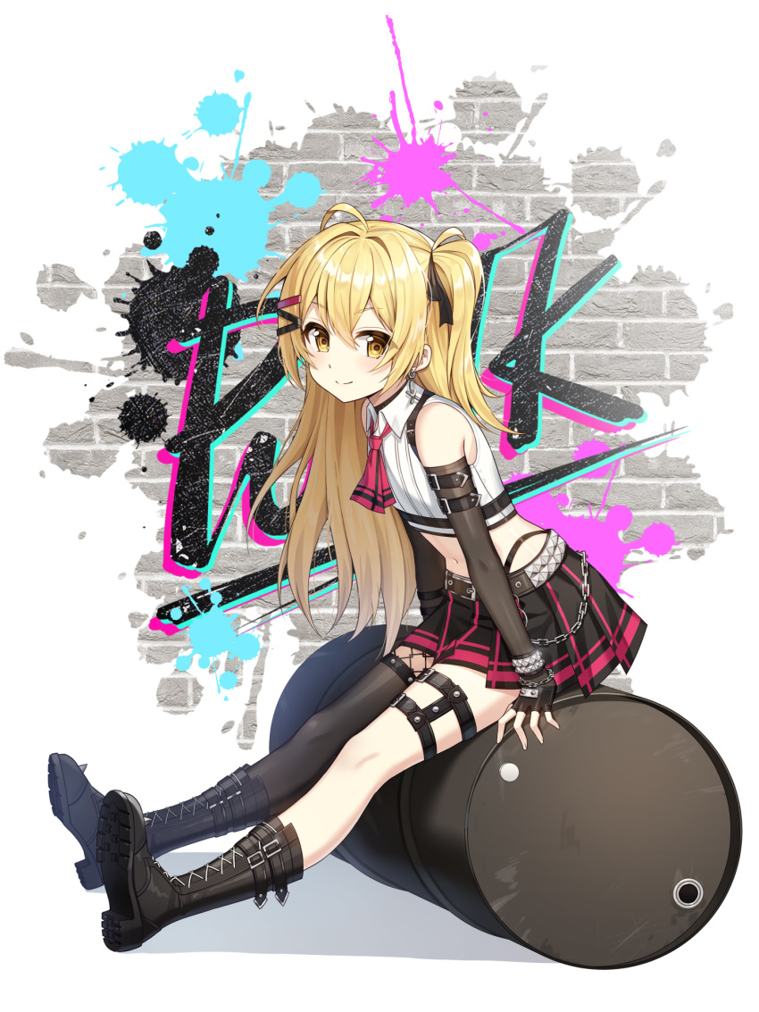 1girl ahoge arm_belt artist_request bare_shoulders belt black_choker black_footwear black_gloves black_legwear black_skirt blonde_hair boots bracelet chain chest_harness choker closed_mouth closers collared_shirt crop_top detached_sleeves drum_(container) earrings fingerless_gloves fishnets flat_chest full_body gloves hair_ornament hair_ribbon hairclip harness highleg highres jewelry leg_belt long_hair looking_at_viewer lucy_(closers) midriff miniskirt navel necktie official_art one_side_up pleated_skirt ribbed_shirt ribbon shirt short_necktie single_thighhigh sitting skirt sleeveless sleeveless_shirt smile solo stomach studded_belt thighhighs white_shirt yellow_eyes