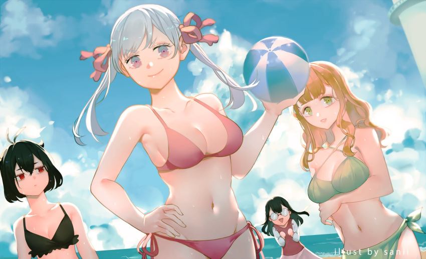 4girls antenna_hair artist_name ball bangs bare_legs bare_shoulders beach beachball bikini black_bikini black_clover black_hair blunt_bangs breast_hold breasts cleavage closed_mouth cloud coke-bottle_glasses collarbone frilled_bikini frills glasses green_bikini green_eyes green_sarong hair_down hair_ribbon highres holding holding_ball lolopechka long_hair looking_at_viewer medium_breasts midriff mimosa_vermilion multiple_girls navel neekochanii noelle_silva ocean orange_hair parted_lips pink_skirt purple_eyes red_bikini red_eyes ribbon sarong secre_swallowtail short_hair side-tie_bikini sideboob sidelocks silver_hair skirt sky small_breasts smile swimsuit triangle_mouth twintails water_drop wet