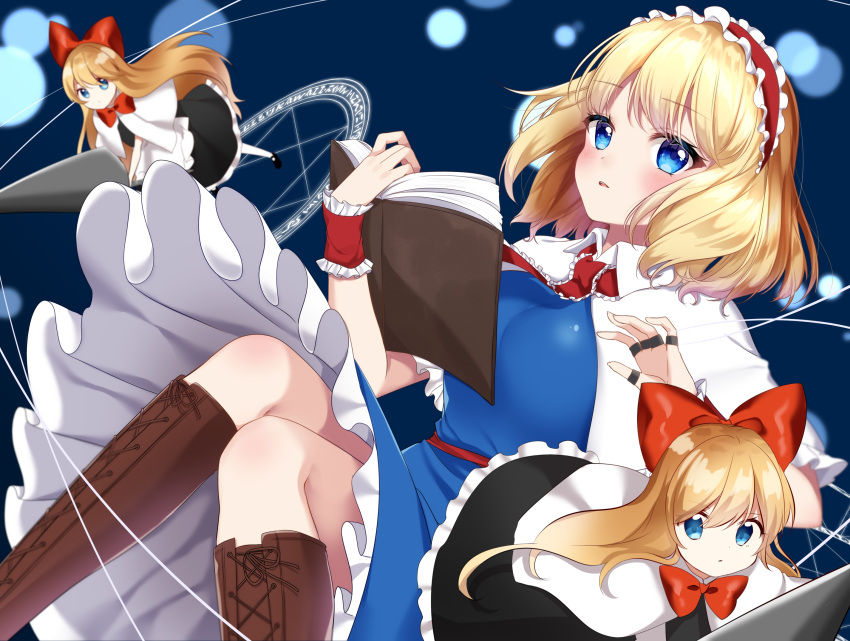 1girl alice_margatroid apron arms_up bangs blonde_hair blue_background blue_dress blue_eyes blush book boots bow capelet cross-laced_footwear dress eyebrows_visible_through_hair feet_out_of_frame floating frilled_ribbon frills hair_bow hairband highres holding holding_book jewelry knee_boots knees_together_feet_apart lance leaning_back light_particles light_trail lolita_hairband long_hair looking_at_viewer magic_circle open_book open_mouth parted_lips petticoat polearm puppet_rings red_neckwear red_ribbon revision ribbon ring runes sash shanghai_doll shinonome_asu short_hair solo teeth touhou upper_teeth waist_apron weapon white_capelet wrist_cuffs