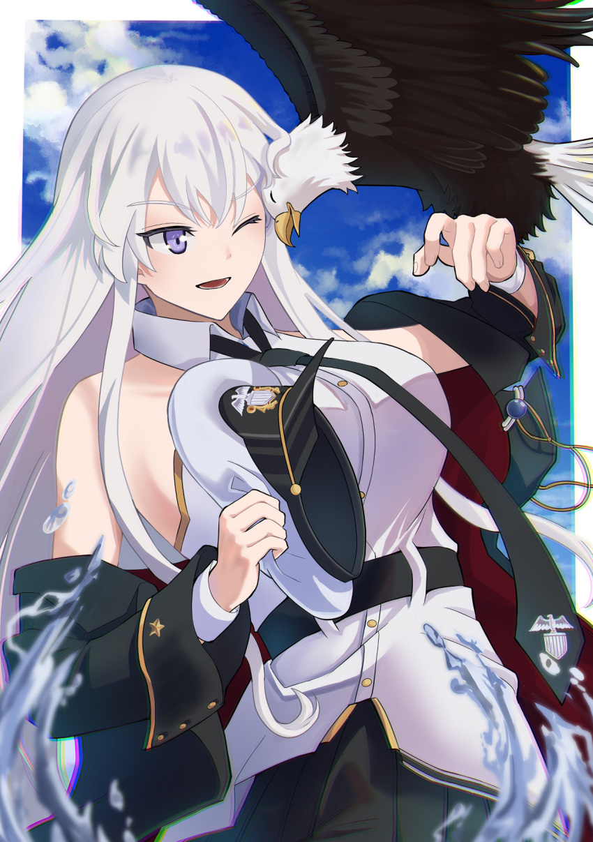 1girl azur_lane bald_eagle belt bird black_belt black_coat black_necktie black_skirt breasts coat eagle enterprise_(azur_lane) grim_(azur_lane) hat hat_removed headwear_removed highres large_breasts long_hair military_hat miniskirt necktie one_eye_closed open_clothes open_coat peaked_cap pleated_skirt purple_eyes shirt silver_hair skirt sleeveless sleeveless_shirt solo tohko underbust very_long_hair white_headwear white_shirt