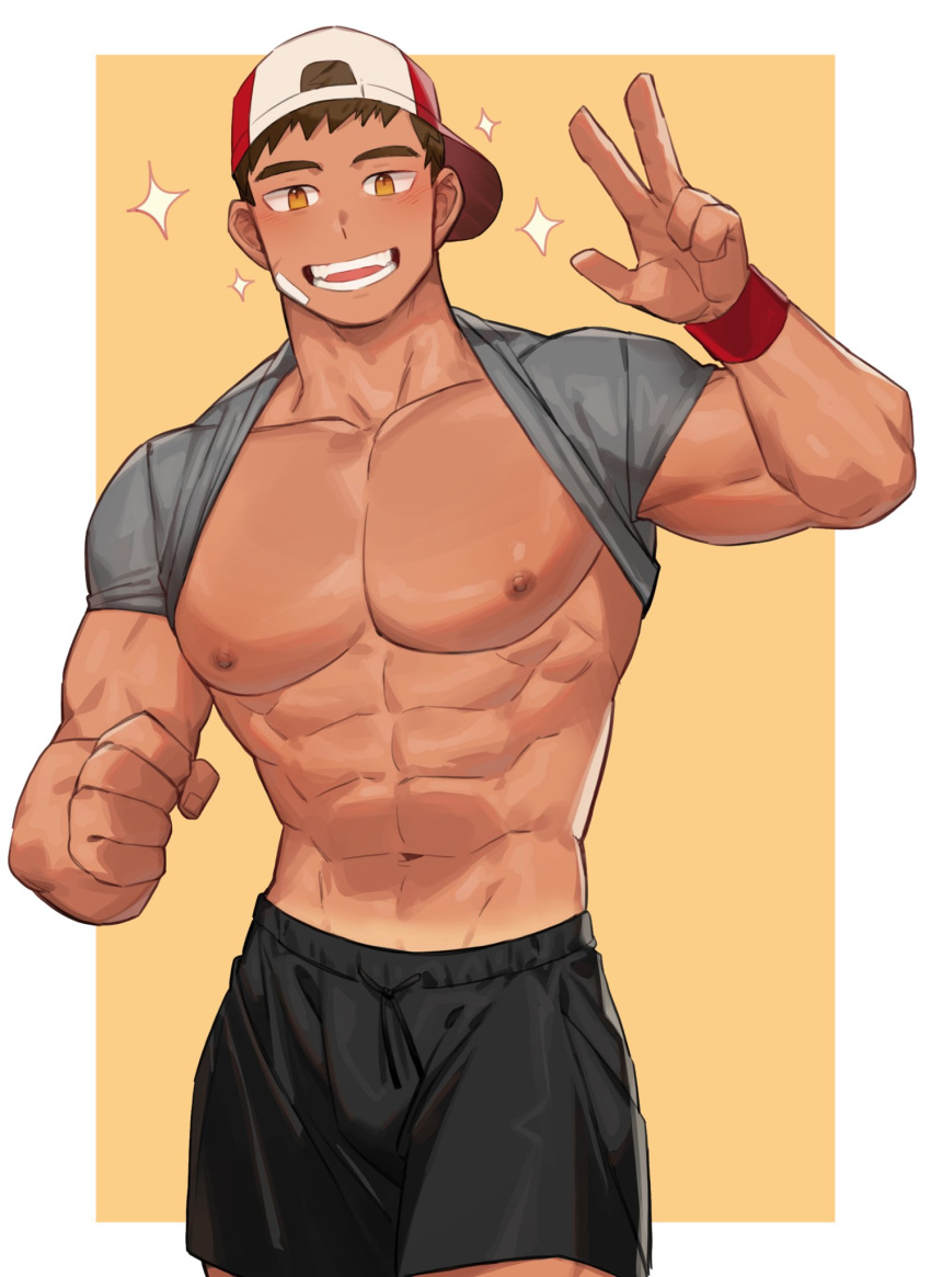 1boy abs artist_request backwards_hat bara bare_pectorals baseball_cap black_shorts bulge check_artist clothes_lift commission dark-skinned_male dark_skin feet_out_of_frame grey_shirt grin hao_(haozz) hat highres korean_commentary large_pectorals male_focus muscular muscular_male navel nipples original pectorals second-party_source shirt shirt_behind_neck shirt_lift short_hair shorts smile solo sparkle stomach tan tanlines v