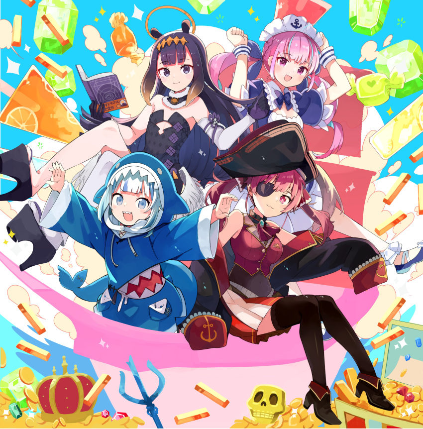 4girls absurdres anchor_symbol animal_hood ao-chan_(ninomae_ina'nis) bangs bare_shoulders bicorne black_dress black_legwear blue_dress blue_eyes blue_hair blue_hoodie blunt_bangs book candy collarbone covered_navel crown dress eyebrows_visible_through_hair eyepatch fish_tail food gawr_gura gem gold_bar gold_coin hat high_heels highres holding holding_book hololive hololive_english hood hood_up hoodie houshou_marine maid maid_headdress minato_aqua multiple_girls namo_(goodbyetears) ninomae_ina'nis official_art open_mouth pink_eyes pink_hair pirate polearm purple_eyes purple_hair red_eyes red_hair shark_girl shark_hood shark_tail sharp_teeth skull snack tail teeth thighhighs treasure treasure_chest trident umisea virtual_youtuber weapon wrist_cuffs