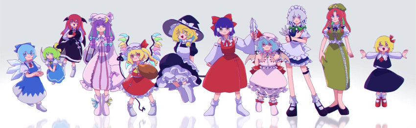 6+girls apron ascot bat_wings blonde_hair blue_dress blue_eyes blue_hair bow braid broom broom_riding cirno commentary daiyousei detached_sleeves dress embodiment_of_scarlet_devil eyebrows_visible_through_hair fairy_wings flandre_scarlet gohei green_hair grey_background hair_between_eyes hair_bow hair_ribbon hair_tubes hakurei_reimu hat head_wings highres holding holding_knife hong_meiling ice ice_wings iganashi1 izayoi_sakuya kirisame_marisa knife knives_between_fingers koakuma laevatein_(touhou) long_hair long_sleeves maid maid_apron maid_headdress mob_cap multiple_girls nontraditional_miko open_mouth patchouli_knowledge pinafore_dress pose puffy_short_sleeves puffy_sleeves purple_eyes purple_hair red_eyes red_hair red_skirt red_vest reflection remilia_scarlet ribbon rumia short_hair short_sleeves simple_background skirt smile t-pose touhou vest wings yellow_ascot