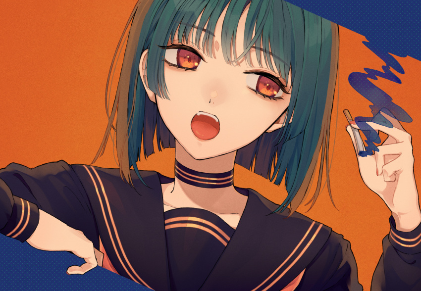 1girl bangs black_sailor_collar black_serafuku blunt_bangs bob_cut chisumi cigarette green_hair head_tilt holding holding_cigarette medium_hair neckerchief open_mouth orange_background orange_eyes orange_neckerchief original sailor_collar school_uniform serafuku smoke smoking solo