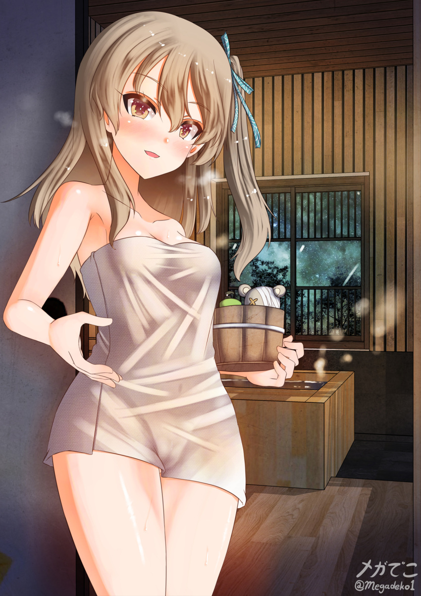 1girl aquaegg artist_name bangs bare_shoulders barefoot blue_ribbon blush boko_(girls_und_panzer) breasts commentary cowboy_shot eyebrows_visible_through_hair girls_und_panzer groin hair_ribbon highres indoors light_brown_eyes light_brown_hair long_hair looking_at_viewer naked_towel navel night night_sky one_side_up open_mouth ribbon sauna see-through shimada_arisu signature sky small_breasts smile solo standing star_(sky) starry_sky steam stuffed_animal stuffed_toy sweat teddy_bear towel twitter_username window wooden_floor wooden_wall