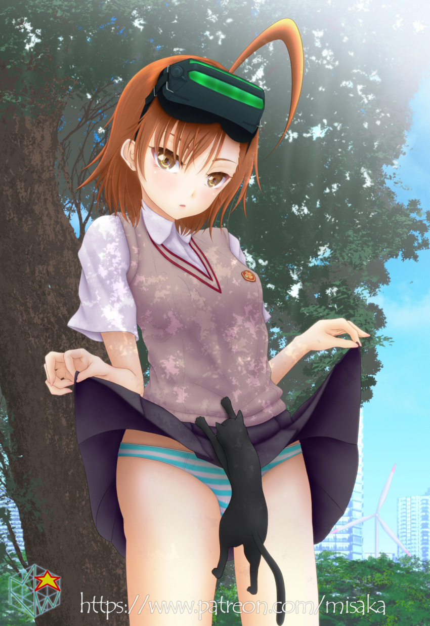 ahoge aqua_panties bangs black_cat bob_cut brown_eyes brown_hair brown_sweater_vest building cat city clothes_lift dress_shirt expressionless goggles goggles_on_head grey_skirt hanging head-mounted_display highres lifted_by_self looking_at_viewer midriff_peek misaka-net misaka_imouto misaka_imouto_10032's_cat misaka_imouto_9982 panties park parted_lips shadow shirt short_hair short_sleeves skirt skirt_lift sky striped striped_panties sweater_vest toaru_kagaku_no_railgun toaru_majutsu_no_index tree underwear watermark web_address white_panties white_shirt wind_turbine