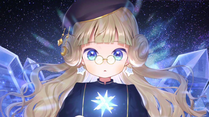 1girl :&lt; bangs beret black_headwear black_shirt blue_eyes brown-framed_eyewear brown_hair character_request commentary_request crystal double_bun eyebrows_visible_through_hair hat highres livly_island long_hair looking_at_viewer momoshiki_tsubaki night night_sky outdoors parted_lips pince-nez shirt sky solo star_(sky) starry_sky tilted_headwear transparent triangle_mouth