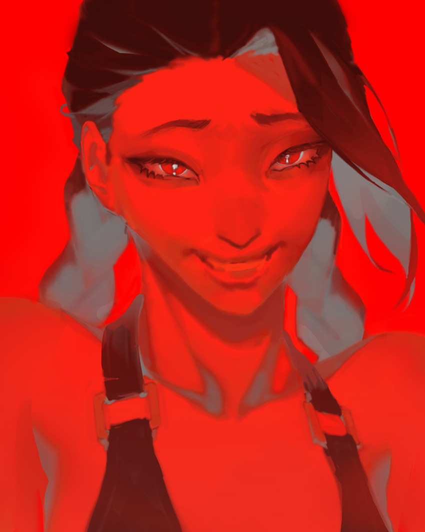 1girl commentary english_commentary grin highres jinx_(league_of_legends) league_of_legends long_hair looking_at_viewer monochrome red_background red_eyes red_theme simple_background smile solo umber