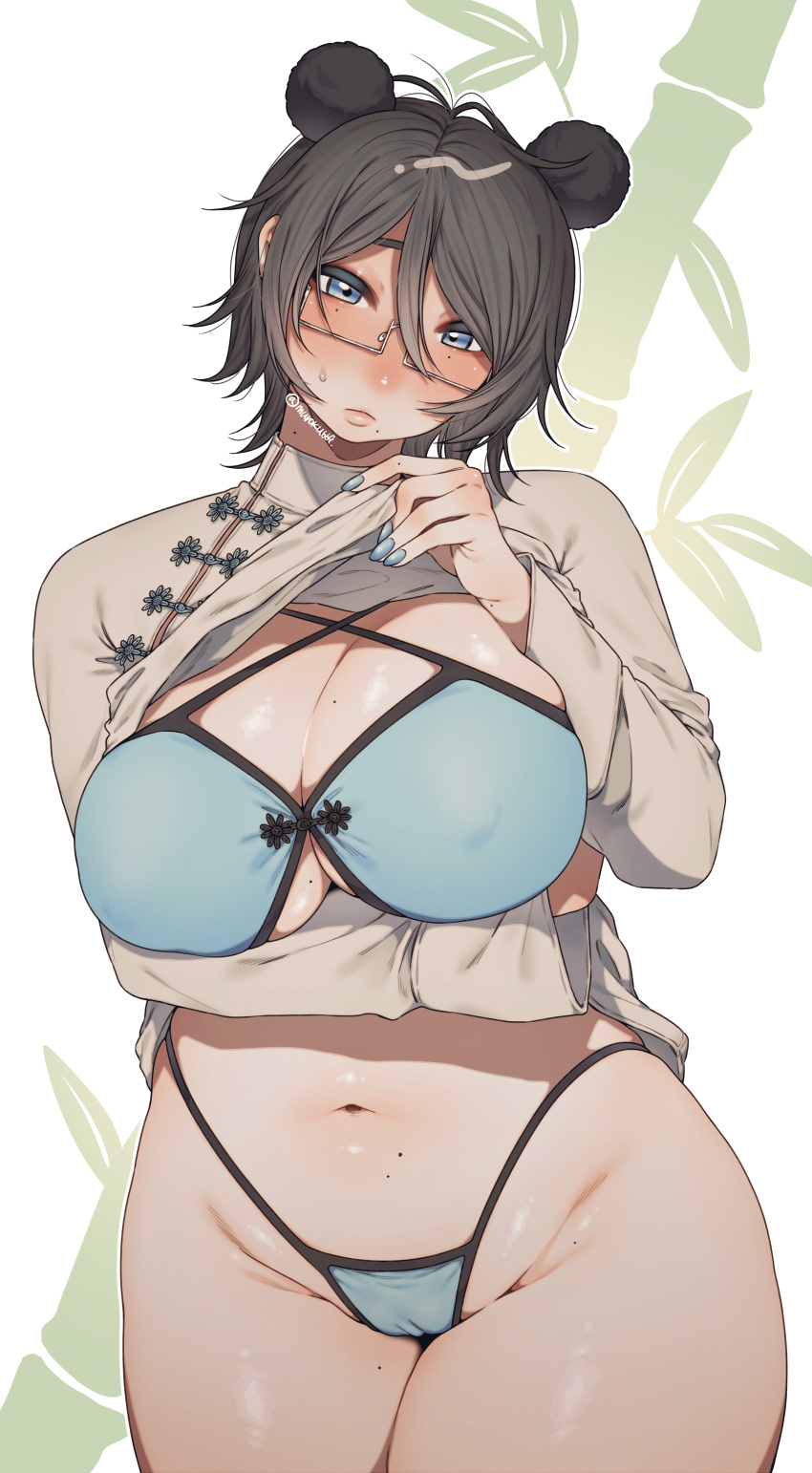 1girl absurdres arm_across_chest artist_name bamboo bangs bikini blue_bikini blue_nails blush breast_hold breasts chinese_clothes cleavage closed_mouth clothes_lift commentary_request covered_nipples cowboy_shot double_bun glasses hair_between_eyes head_tilt highres large_breasts leaf lifted_by_self long_sleeves looking_at_viewer medium_hair mole mole_on_arm mole_on_breast mole_on_stomach mole_on_thigh mole_under_eye mole_under_mouth muroku_(aimichiyo0526) navel no_nose original semi-rimless_eyewear shadow shirt_lift solo sweatdrop swimsuit thick_thighs thighs twitter_username under-rim_eyewear white_background