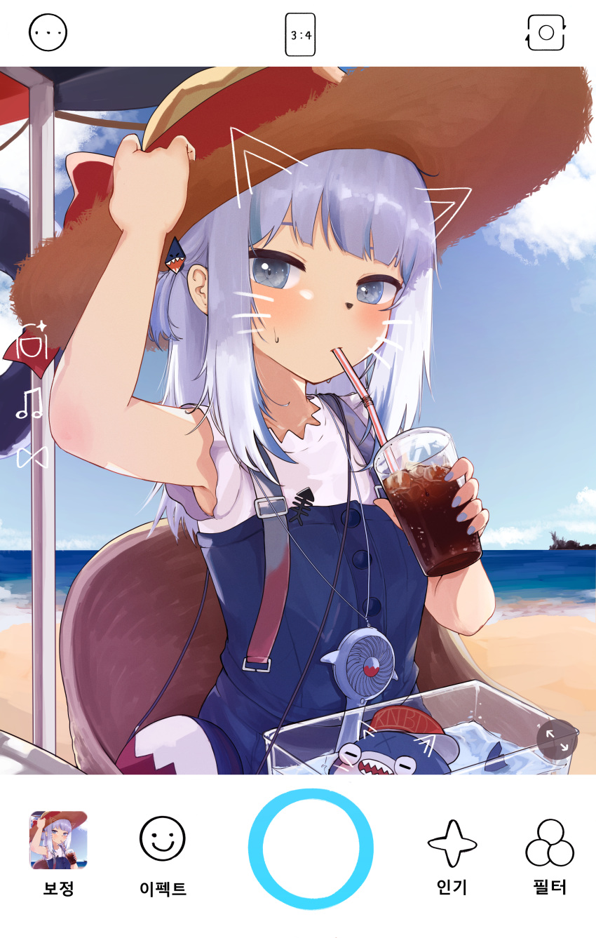 1girl absurdres bag beach bloop_(gawr_gura) blue_dress blue_eyes blush cloud cola cup day drawn_ears drawn_whiskers dress drinking drinking_straw_in_mouth face_filter fish_tank gawr_gura hair_ornament hairclip hat hat_ribbon highres holding holding_cup hololive hololive_english horizon knbd long_hair looking_at_viewer ocean official_alternate_costume outdoors phone_screen red_ribbon ribbon shirt shoulder_bag silver_hair sitting sky sleeveless sleeveless_shirt soda solo_focus straw_hat summer suspenders sweatdrop virtual_youtuber white_shirt