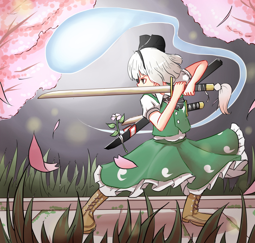 1girl bangs black_hairband black_neckwear black_ribbon bob_cut boots branch brown_footwear buttons cherry_blossoms cross-laced_footwear grass green_skirt green_vest hairband highres hitodama_print katana konpaku_youmu konpaku_youmu_(ghost) looking_to_the_side peroponesosu. petals puffy_short_sleeves puffy_sleeves red_eyes ribbon scabbard serious sheath shirt short_hair short_sleeves silver_hair skirt solo stone_floor sword touhou tree v-shaped_eyebrows vest wakizashi weapon white_shirt