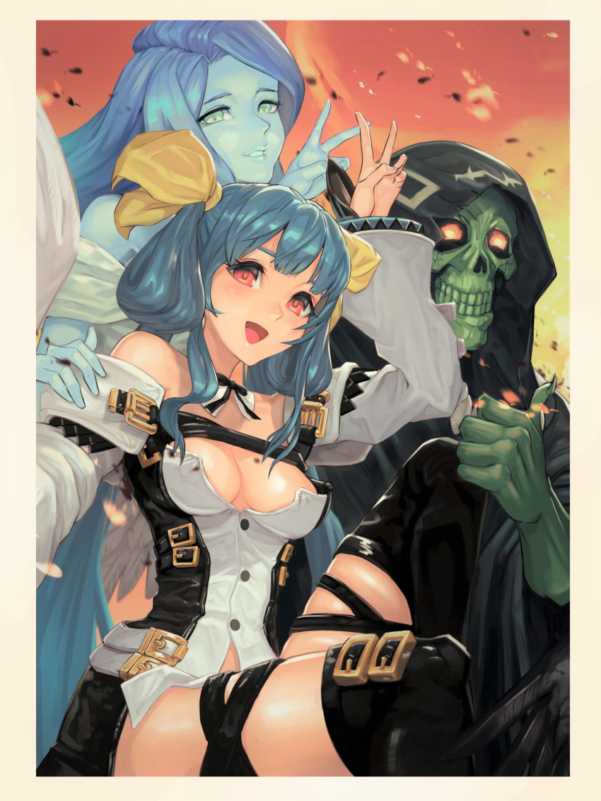 1boy 2girls absurdres angel_wings asymmetrical_wings bangs bare_shoulders black_bow black_legwear blue_hair bow bowtie breasts choker cleavage dedekirumon detached_sleeves dizzy_(guilty_gear) embers explosion guilty_gear guilty_gear_xrd hair_rings highres long_hair looking_at_viewer monster_girl multiple_girls necro_(guilty_gear) open_mouth red_eyes ribbon skeleton smile thigh_strap thighhighs thumbs_up twintails undine_(guilty_gear) v wings yellow_ribbon