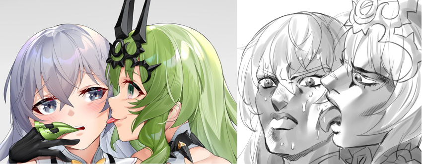 2girls :p black_gloves blue_eyes blush bronya_zaychik bronya_zaychik_(herrscher_of_reason) bronya_zaychik_(yamabuki_armor) commentary_request curly_hair facing_viewer finger_in_another's_mouth from_side ginklaga gloves green_eyes green_hair grey_eyes hair_between_eyes headpiece highres honkai_(series) honkai_impact_3rd jojo_no_kimyou_na_bouken licking licking_another's_cheek licking_another's_face long_hair looking_at_another meme mobius_(honkai_impact) multiple_girls open_mouth parody silver_hair smile taste_of_a_liar_(meme) tongue tongue_out upper_body very_long_hair yuri