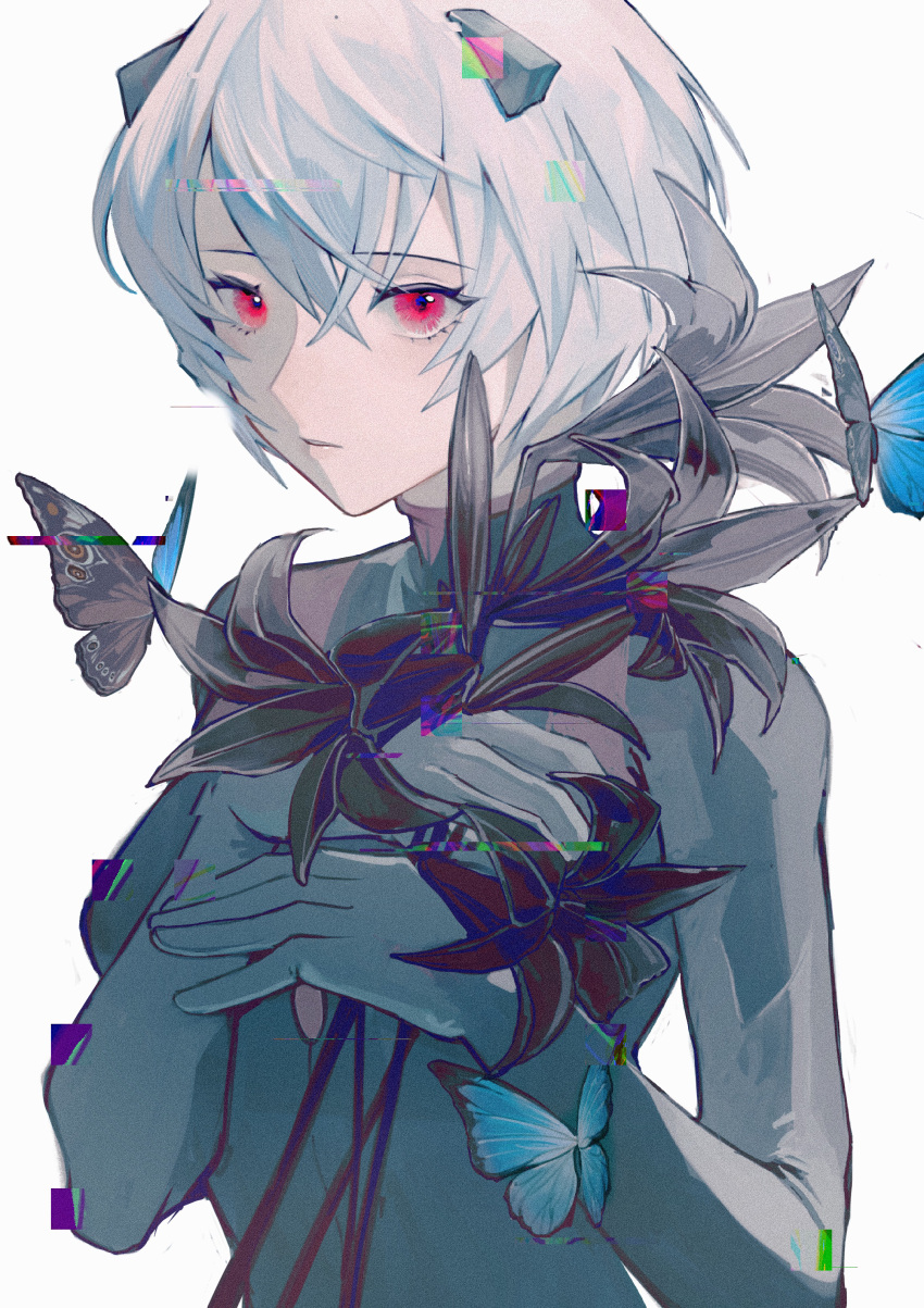 1girl absurdres alternate_color alternate_hair_color ayanami_rei bangs black_butterfly black_flower blue_butterfly bug butterfly dou_(doudouzi) eyebrows_visible_through_hair eyelashes flower hair_between_eyes high_collar highres holding holding_flower lily_(flower) lips looking_at_viewer muted_color neon_genesis_evangelion noise parted_lips pink_eyes plugsuit short_hair simple_background solo upper_body vhs_artifacts white_background white_hair