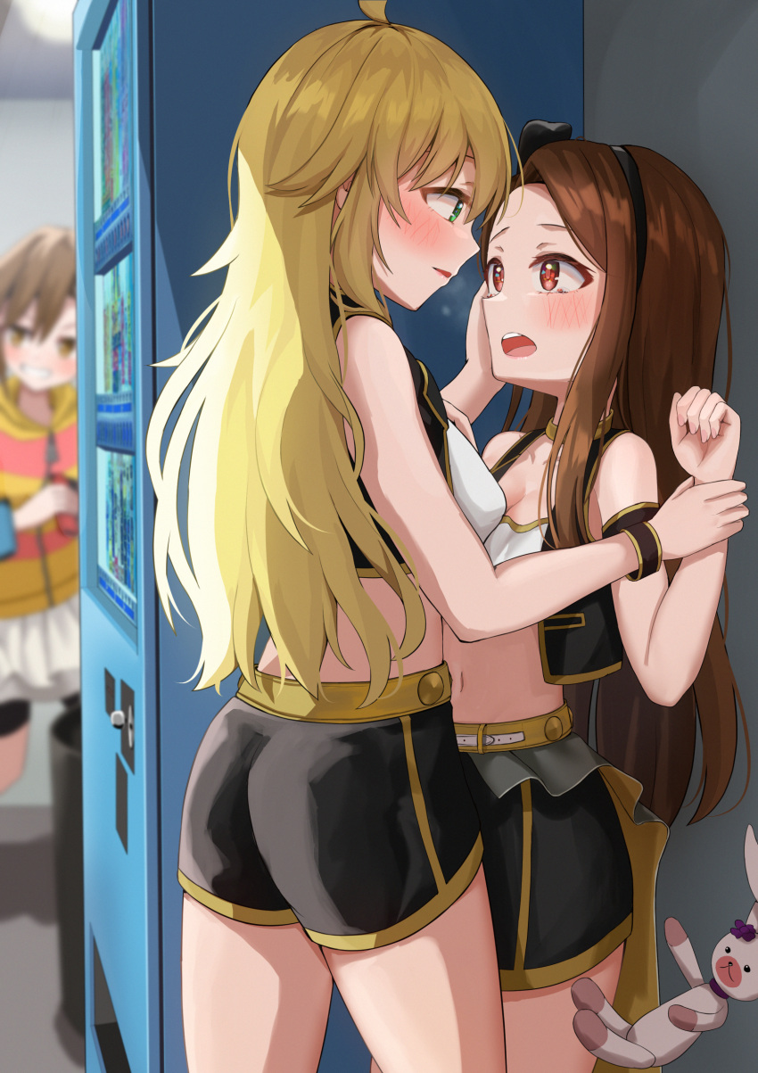 3girls absurdres ahoge ass bike_shorts black_hairband blue_eyes blush boo_iro breasts brown_eyes brown_hair cropped_jacket eye_contact frown futami_mami groin hairband hand_on_another's_face highres holding_another's_wrist hood hoodie hoshii_miki idolmaster idolmaster_(classic) idolmaster_million_live! long_hair looking_at_another medium_breasts midriff minase_iori multiple_girls navel open_mouth pullover skirt small_breasts striped striped_hoodie stuffed_animal stuffed_toy thighs v-shaped_eyebrows vending_machine white_skirt yuri