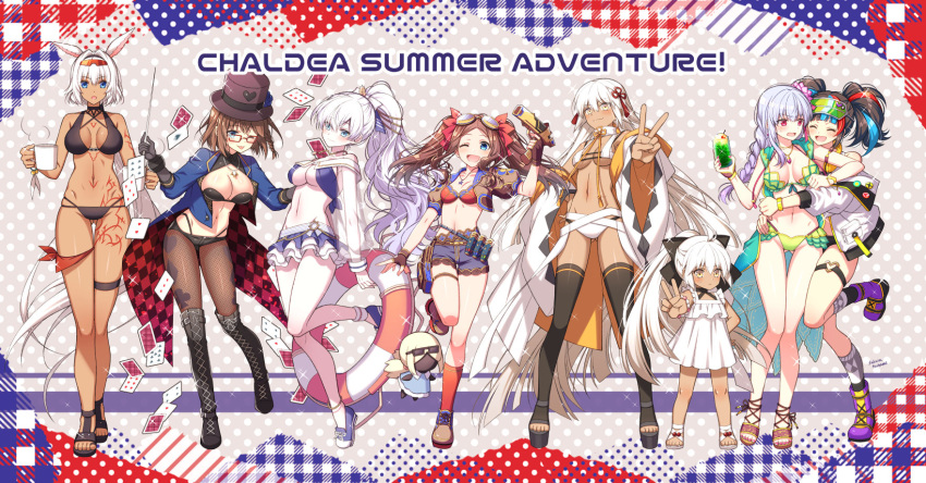 6+girls ;d ahoge anastasia_(fate) anastasia_(swimsuit_archer)_(fate) animal_ears arm_up armlet ass_visible_through_thighs bangs bare_shoulders bikini bird black_bikini black_gloves black_hair black_legwear black_shorts blue_bikini blue_eyes blue_hair blue_shorts blush body_markings boots bracelet braid braided_ponytail breasts brown_footwear brown_hair brown_jacket buckle caenis_(fate) caenis_(swimsuit_rider)_(fate) card charlotte_corday_(fate) charlotte_corday_(swimsuit_caster)_(fate) cleavage closed_eyes coffee_mug collarbone commentary_request confetti cropped_jacket cup dark-skinned_female dark_skin doll dove drinking_glass earrings eyebrows_visible_through_hair eyewear_on_head fate/grand_order fate_(series) fingerless_gloves fishnet_legwear fishnets flower food frills fruit full_body glasses gloves goggles goggles_on_head green_bikini green_headwear green_vest grey_eyes gun hair_flower hair_ornament hair_over_one_eye hair_ribbon hairband haori hat headphones headphones_around_neck highres holding holding_gun holding_weapon hood hooded_vest hoodie hug innertube jacket japanese_clothes jewelry kama_(fate) kama_(swimsuit_avenger)_(fate) kneehighs large_breasts lemon lemon_slice leonardo_da_vinci_(fate) leonardo_da_vinci_(swimsuit_ruler)_(fate) long_hair long_sleeves looking_at_viewer lotus magician medium_breasts melon_soda miniskirt mug multicolored_hair multiple_girls navel necklace off_shoulder okita_souji_(alter_swimsuit_saber)_(fate) okita_souji_(fate) one_eye_closed open_clothes open_jacket open_mouth pantyhose parted_bangs pendant playing_card ponytail puffy_long_sleeves puffy_short_sleeves puffy_sleeves red-framed_eyewear red_eyes red_hair red_legwear red_ribbon rengoku_(fate) ribbon sakura_tsubame sandals sei_shounagon_(fate) sei_shounagon_(swimsuit_berserker)_(fate) shoes short_shorts short_sleeves shorts sidelocks silver_hair skirt small_breasts smile sneakers standing standing_on_one_leg star_(symbol) star_necklace steam sunglasses swimsuit tassel thigh_strap thighhighs thighs tongue tongue_out top_hat twintails very_long_hair vest visor_cap viy_(fate) weapon white_bikini white_hair white_jacket wide_sleeves