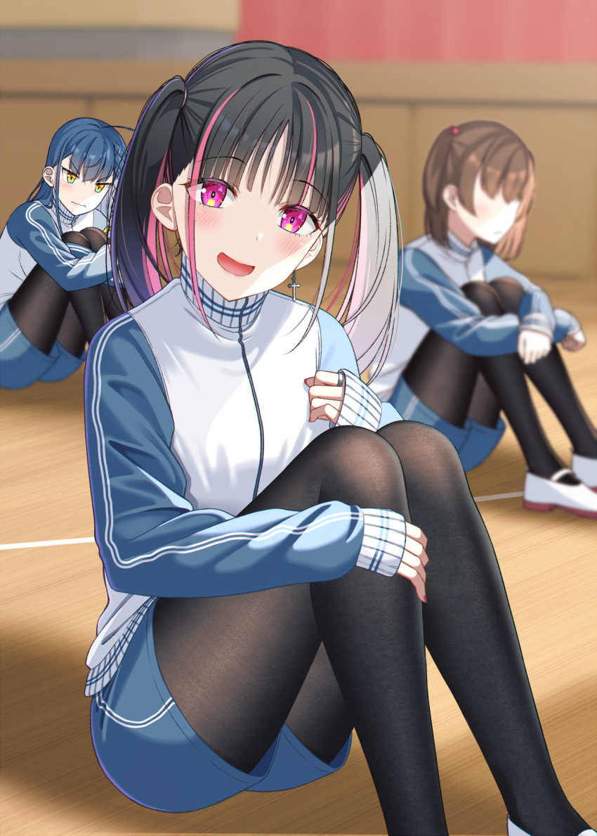 3girls :d ashida_machi bangs black_hair black_legwear blue_hair blue_shorts blurry blurry_background blush braid brown_hair closed_mouth commentary cross cross_earrings depth_of_field earrings eyebrows_visible_through_hair faceless faceless_female feet_out_of_frame gurande_(g-size) gym_shorts hair_bobbles hair_ornament highres indoors jacket jewelry knees_up latin_cross legwear_under_shorts long_hair long_sleeves looking_at_viewer multicolored_hair multiple_girls on_floor open_mouth original pantyhose pink_hair purple_eyes ring shoes short_shorts shorts sitting sleeves_past_wrists smile streaked_hair track_jacket twintails two_side_up uwabaki v-shaped_eyebrows very_long_hair wavy_mouth white_footwear white_jacket wooden_floor yellow_eyes