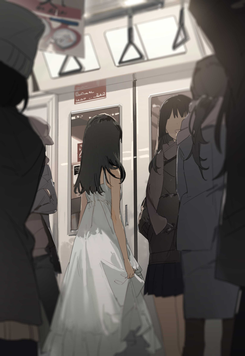 5girls absurdres bangs bare_shoulders black_hair blurry blurry_foreground door dress from_behind highres indoors long_hair multiple_girls original solo_focus standing train_interior white_dress zhibuji_loom