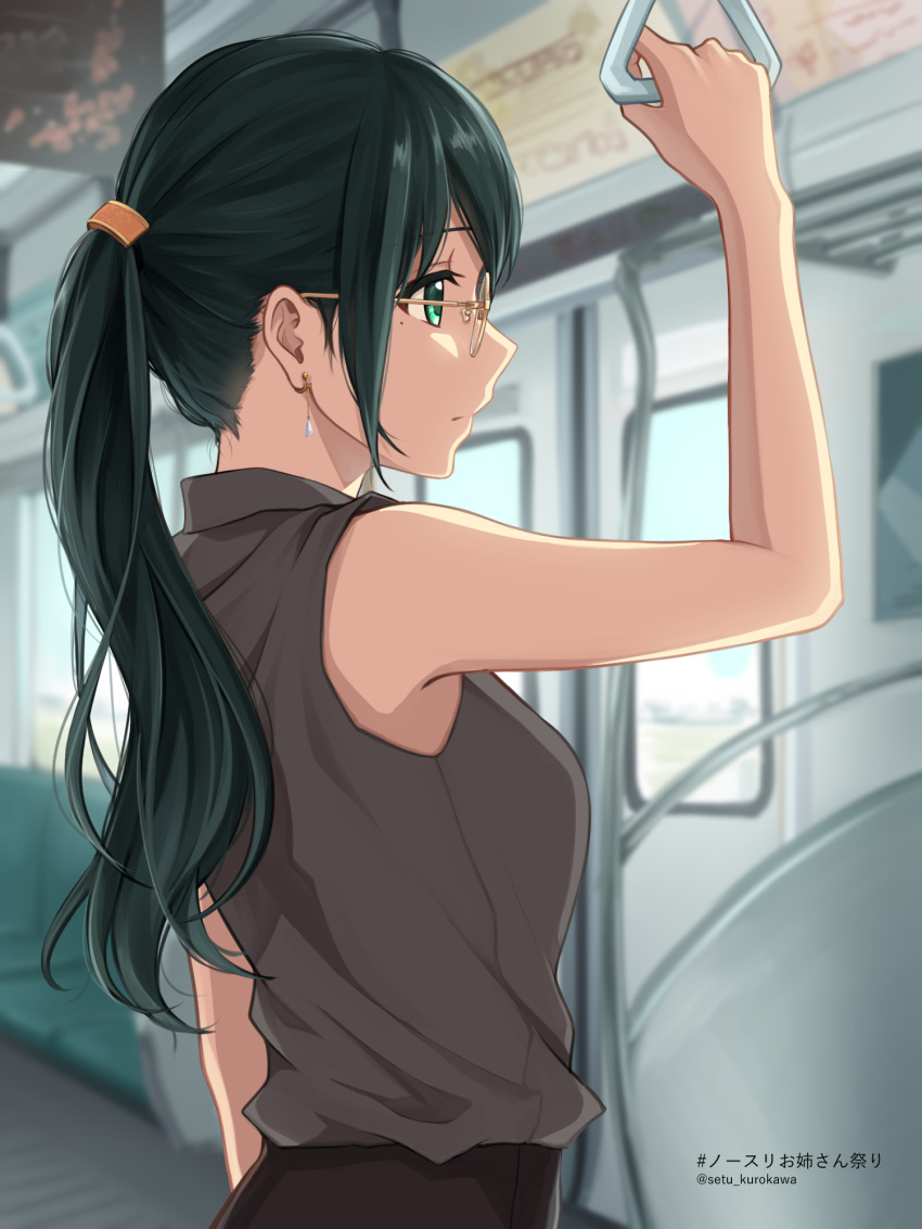 1girl arm_at_side arm_up breasts closed_mouth earrings expressionless glasses green_eyes green_hair grey_shirt ground_vehicle hair_tie hand_grip highres holding_hand_grip jewelry long_hair medium_breasts mole mole_under_eye original ponytail profile setu_kurokawa shirt sleeveless sleeveless_shirt solo standing train train_interior twitter_username upper_body