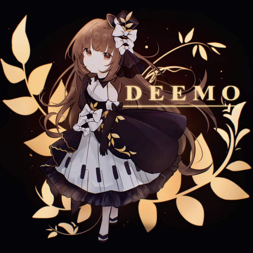 1girl bangs bare_legs black_background black_dress black_footwear black_headwear bow brown_eyes brown_hair character_name commentary_request deemo dress floral_print girl_(deemo) gloves hat highres long_hair looking_at_viewer mini_hat miyu_(miy_u1308) multiple_bows piano_print sandals sidelocks simple_background solo top_hat very_long_hair white_bow white_gloves