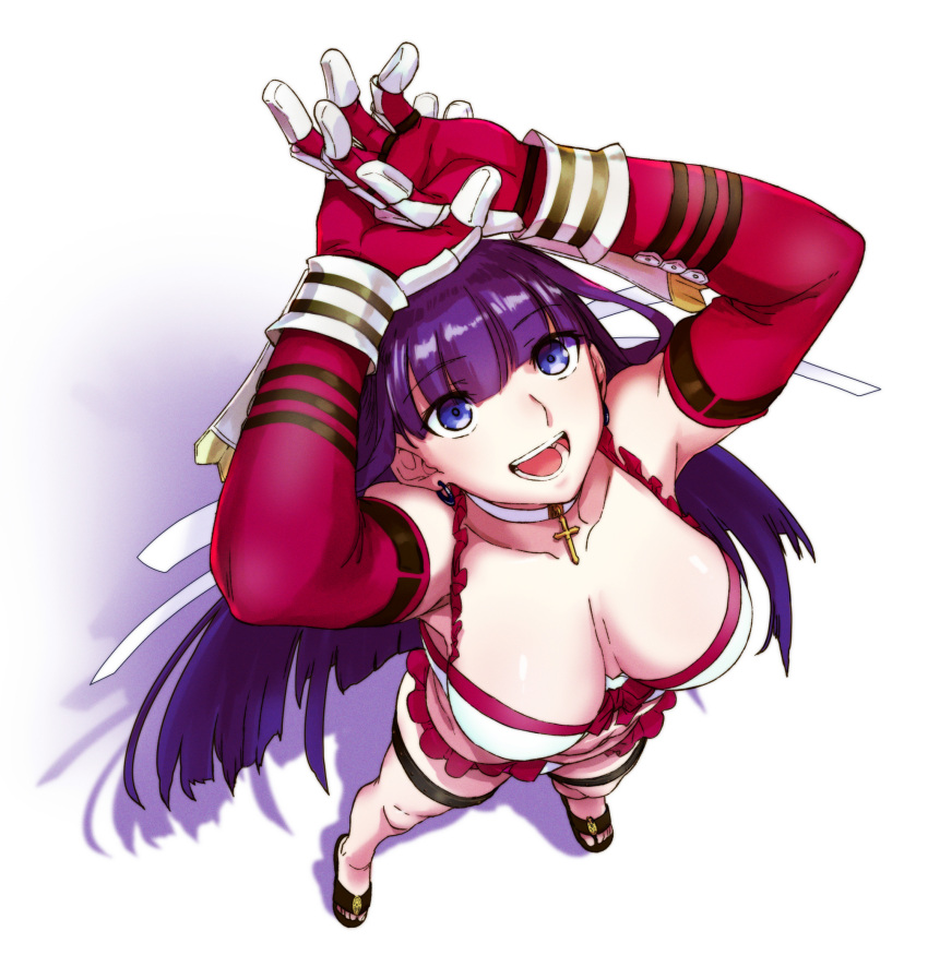 1girl aoba_(smartbeat) bangs bare_shoulders bikini blue_eyes blunt_bangs blush breasts choker cleavage collarbone cross cross_choker elbow_gloves fate/grand_order fate_(series) gauntlets gloves highres large_breasts long_hair looking_at_viewer martha_(fate) martha_(swimsuit_ruler)_(fate) open_mouth purple_hair red_gloves smile solo swimsuit thigh_strap white_bikini