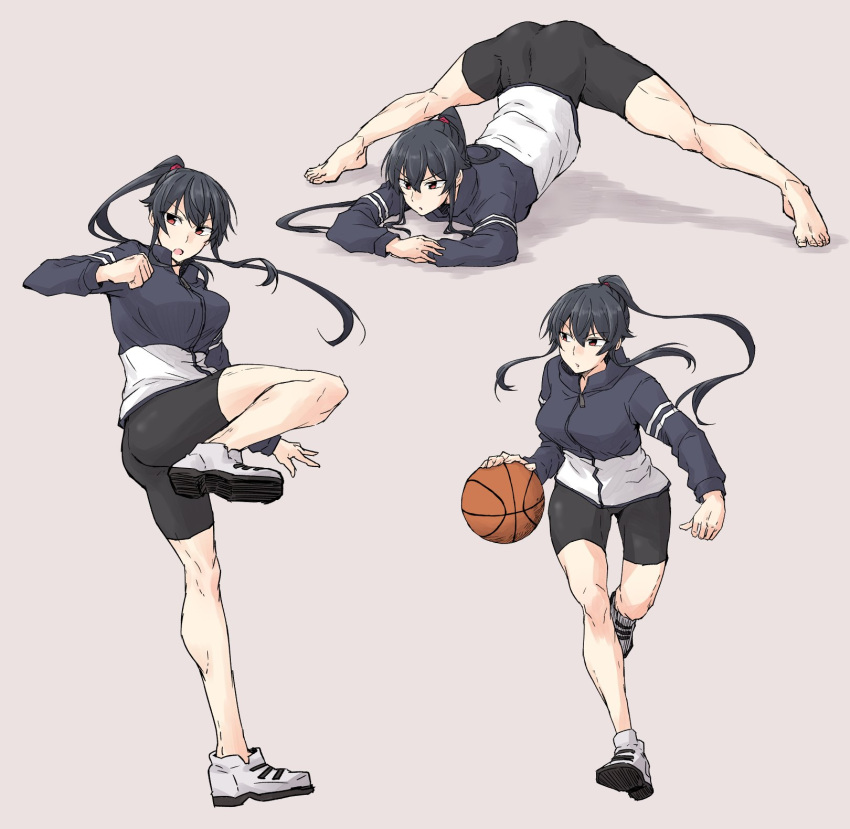 1girl barefoot basketball beige_background bike_shorts black_hair black_shorts commentary eyebrows_visible_through_hair hair_between_eyes highres jack-o'_challenge jacket kantai_collection long_hair long_sleeves multiple_views open_mouth ponytail red_eyes rindou_(rindou_annon) shoes shorts simple_background sneakers top-down_bottom-up track_jacket very_long_hair yahagi_(kancolle)
