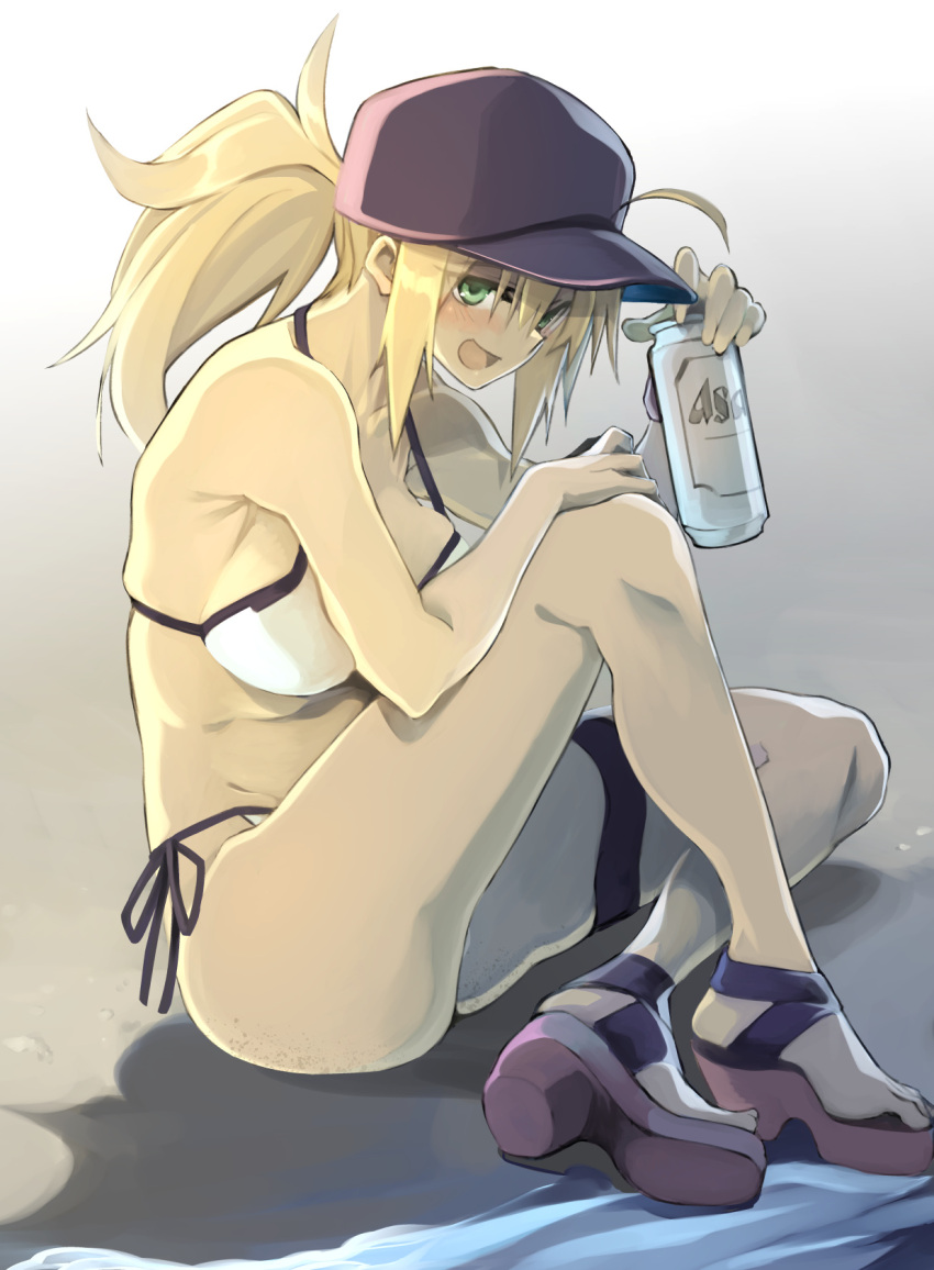 10mo 1girl ahoge artoria_pendragon_(fate) bangs bare_shoulders baseball_cap beer_can blonde_hair blue_eyes blue_headwear blush breasts can commentary_request fate/grand_order fate_(series) hair_between_eyes hair_through_headwear hat highres knee_up large_breasts long_hair looking_at_viewer mysterious_heroine_xx_(fate) open_mouth ponytail sandals sidelocks sitting smile solo