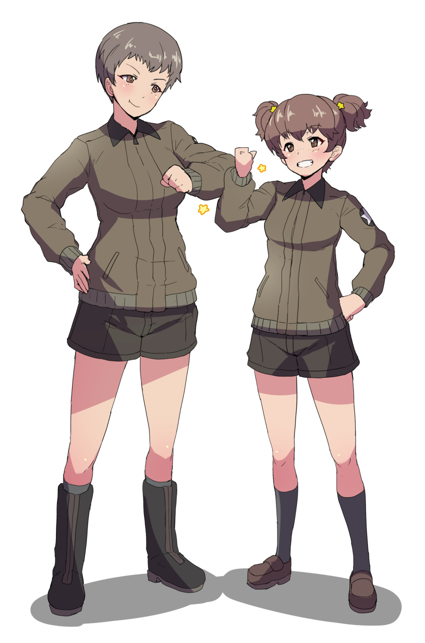 2girls absurdres alisa_(girls_und_panzer) arm_bump bangs black_footwear black_shorts boots brown_eyes brown_hair brown_jacket closed_mouth commentary emblem freckles girls_und_panzer grey_legwear grin hair_ornament hand_on_hip highres jacket kneehighs loafers long_sleeves looking_at_another military military_uniform multiple_girls naomi_(girls_und_panzer) sasaki_tatsuya saunders_military_uniform shoes short_hair short_shorts short_twintails shorts simple_background smile socks standing star_(symbol) star_hair_ornament textless twintails uniform very_short_hair white_background