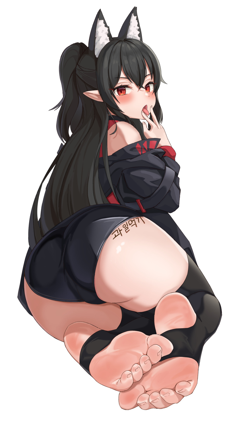 1girl :p absurdres animal_ear_fluff animal_ears ass bare_shoulders black_choker black_hair black_jacket black_legwear choker commission cunnilingus_gesture extra_ears eyebrows_visible_through_hair feet foot_focus foreshortening from_behind full_body hair_between_eyes hand_to_own_mouth highres jacket korean_text long_hair looking_at_viewer looking_back off_shoulder open_mouth original pharamacom pointy_ears red_eyes simple_background skin_tight sleeveless soles solo stirrup_legwear taut_clothes thighhighs thighs toeless_legwear toes tongue tongue_out v white_background writing_on_ass