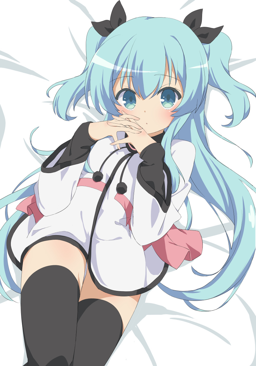1girl :o absurdres black_bow blue_eyes blue_hair bow child dakimakura_(medium) eyebrows_visible_through_hair feet_out_of_frame fingers_together hair_between_eyes hair_ornament highres looking_at_viewer lying noel_(sora_no_method) official_style on_back open_mouth short_twintails solo sora_no_method thighhighs thighs twintails utyuueituu wide_sleeves