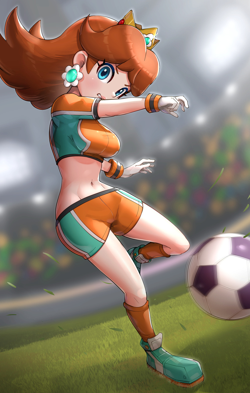 1girl absurdres ball blurry blurry_background breasts brown_hair cleats commentary_request crop_top crown earrings floating_hair flower_earrings full_body gloves gonzarez grass green_eyes highres jewelry kicking large_breasts leg_up long_hair mario_(series) mario_strikers_charged midriff navel official_alternate_costume playing_sports princess_daisy shoes short_shorts short_sleeves shorts soccer soccer_ball soccer_field soccer_uniform socks solo sport sportswear stadium stadium_lights taut_clothes teeth white_gloves wristband