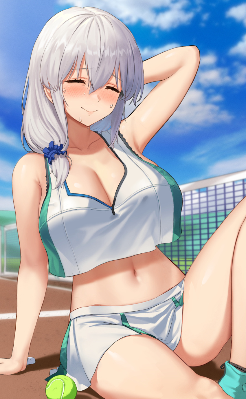 1girl arm_behind_head arm_support azur_lane ball blue_scrunchie blue_sky breasts bremerton_(azur_lane) bremerton_(azur_lane)_(cosplay) bremerton_(scorching-hot_training)_(azur_lane) cleavage closed_eyes closed_mouth cloud collarbone commentary cosplay crop_top day eyebrows_visible_through_hair green_skirt hair_between_eyes hair_ornament hair_scrunchie highres k.pumpkin large_breasts mature_female medium_hair midriff navel outdoors scrunchie skirt sky smile solo sportswear sweat symbol-only_commentary tennis_ball tennis_net tennis_uniform thighs two-tone_skirt uzaki-chan_wa_asobitai! uzaki_tsuki white_skirt