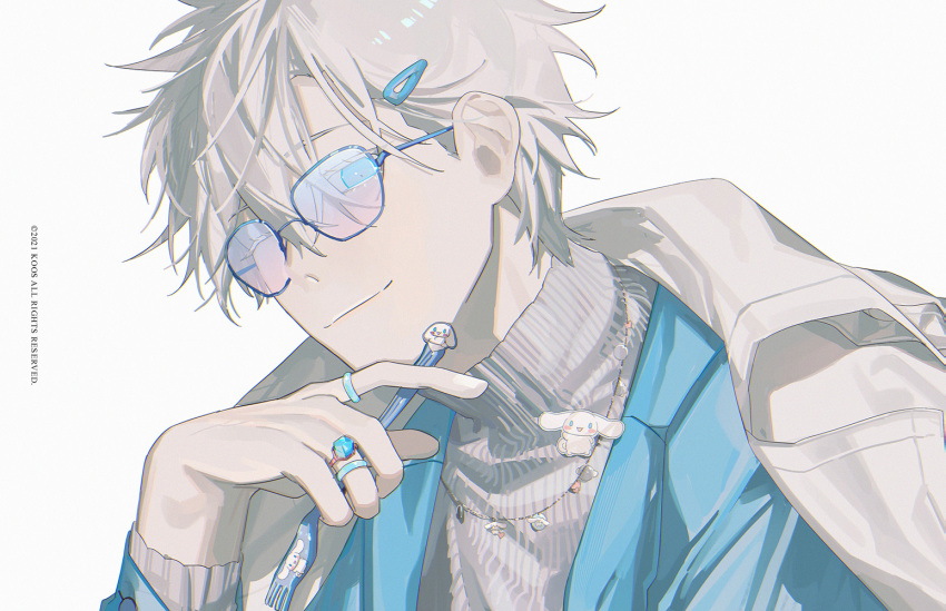 1boy badge bangs blue_eyes blue_jacket cinnamoroll closed_mouth fork glasses gojou_satoru hair_between_eyes hair_ornament hairclip holding holding_fork jacket jewelry jujutsu_kaisen k00s long_sleeves looking_at_viewer male_focus necklace one_eye_closed sanrio shirt short_hair simple_background smile solo turtleneck upper_body white_background white_hair white_shirt