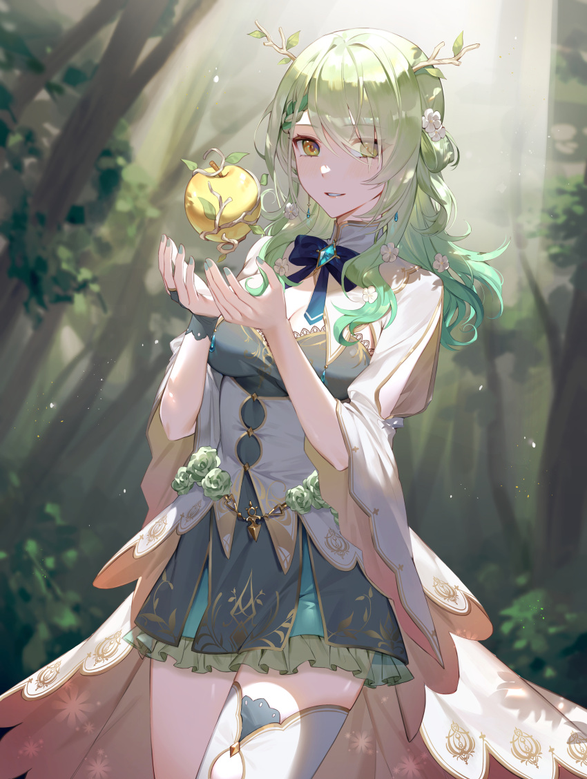 1girl absurdres antlers apple blue_ribbon branch breasts brooch ceres_fauna cleavage flower food forest fruit golden_apple green_flower green_hair green_nails green_rose hair_over_one_eye hana3901 highres hololive hololive_english jewelry looking_at_viewer medium_breasts nature parted_lips ribbon rose single_thighhigh solo thighhighs virtual_youtuber wide_sleeves yellow_eyes zettai_ryouiki