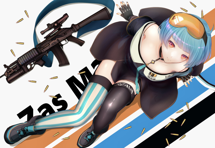 1girl absurdres assault_rifle bare_shoulders black_footwear black_gloves black_legwear blue_hair blue_nails boots breasts bullet character_name closed_mouth eyebrows_visible_through_hair eyewear_on_head fingerless_gloves girls'_frontline gloves guchagucha gun hands_on_floor highres looking_at_viewer multicolored_nails on_floor orange_nails red_eyes rifle safety_glasses short_hair simple_background small_breasts smile solo striped striped_legwear weapon zas_m21_(girls'_frontline) zastava_m21