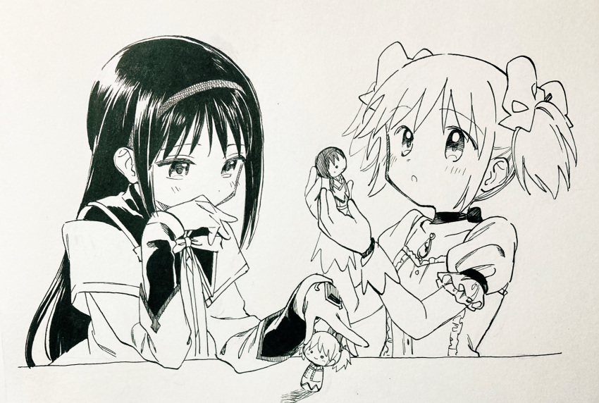 2girls akemi_homura black_hair choker collarbone collared_shirt commentary covering_mouth dithering doll dress ears_visible_through_hair eyebrows_visible_through_hair gloves hair_ornament hair_ribbon hairband hand_over_own_mouth highres kaname_madoka kokeshi lineart long_hair looking_at_object looking_up magical_girl mahou_shoujo_madoka_magica monochrome multiple_girls neck_ribbon no+bi= open_mouth photo_(medium) puffy_short_sleeves puffy_sleeves ribbon shiny shiny_hair shirt short_sleeves short_twintails sidelocks simple_background soul_gem tareme traditional_media twintails vest white_background wing_collar