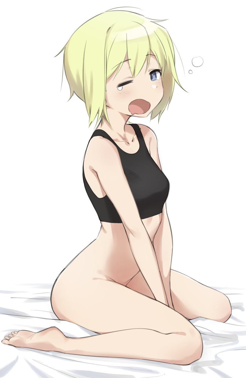 1girl absurdres bare_shoulders barefoot black_tank_top blonde_hair blue_eyes blush bottomless breasts collarbone commentary_request drooling erica_hartmann eyebrows_visible_through_hair fankupl highres looking_at_viewer no_panties open_mouth saliva shiny shiny_hair short_hair simple_background small_breasts solo strike_witches tank_top tears waking_up white_background world_witches_series yawning