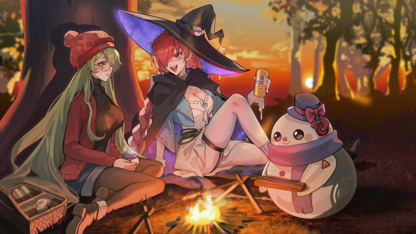 2girls beanie boots breasts bugie campfire cape cleavage commission commissioner_upload del_(riftdevils) destiny_(riftdevils) forest glasses green_eyes green_hair hair_over_one_eye hat highres large_breasts leggings long_hair multiple_girls nature open_mouth original red_eyes red_hair scenery shorts sitting sky smile sunset thighs tree very_long_hair witch_hat