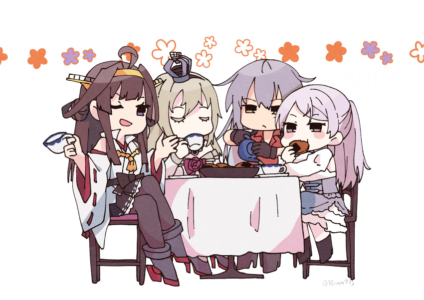 4girls absurdres ahoge black_footwear black_gloves black_legwear blonde_hair boots brown_eyes brown_hair closed_eyes commentary_request conte_di_cavour_(kancolle) corset crown cup detached_sleeves double_bun dress eating flower frilled_dress frills gangut_(kancolle) gloves grey_hair hairband headgear highres japanese_clothes kantai_collection kongou_(kancolle) long_hair long_sleeves mini_crown multiple_girls nami_nami_(belphegor-5812) pantyhose purple_eyes red_flower red_ribbon red_rose red_shirt remodel_(kantai_collection) ribbon ribbon-trimmed_sleeves ribbon_trim rose senbei shirt silver_hair simple_background sitting table teacup teapot thigh_boots thighhighs trait_connection two_side_up upper_body warspite_(kancolle) white_background white_dress