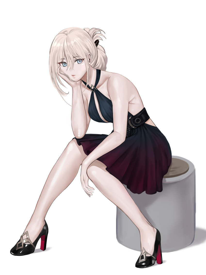 1girl absurdres an-94_(girls'_frontline) bare_shoulders belt black_dress black_footwear blonde_hair blue_eyes breasts closed_mouth dress eyebrows_visible_through_hair gcg girls'_frontline hair_ornament hairclip hand_on_headset high_heels highres legs long_hair looking_at_viewer sitting small_breasts solo white_background