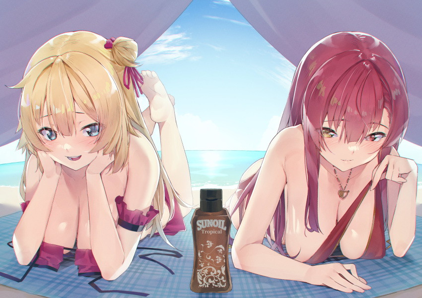2girls absurdres akai_haato bangs bare_arms bare_shoulders barefoot beach beach_mat bikini blonde_hair blue_eyes blue_sky blush breasts chromatic_aberration closed_mouth commentary_request day eyebrows_visible_through_hair eyes_visible_through_hair hair_between_eyes hair_bun hands_on_own_cheeks hands_on_own_face head_rest heart heart_necklace highres hololive houshou_marine jewelry koubou_(cowbow_kun) large_breasts long_hair looking_at_viewer lotion_bottle lying multiple_girls necklace on_stomach open_mouth outdoors red_bikini red_eyes red_hair sky smile string_bikini swimsuit tent the_pose untied untied_bikini virtual_youtuber yellow_eyes